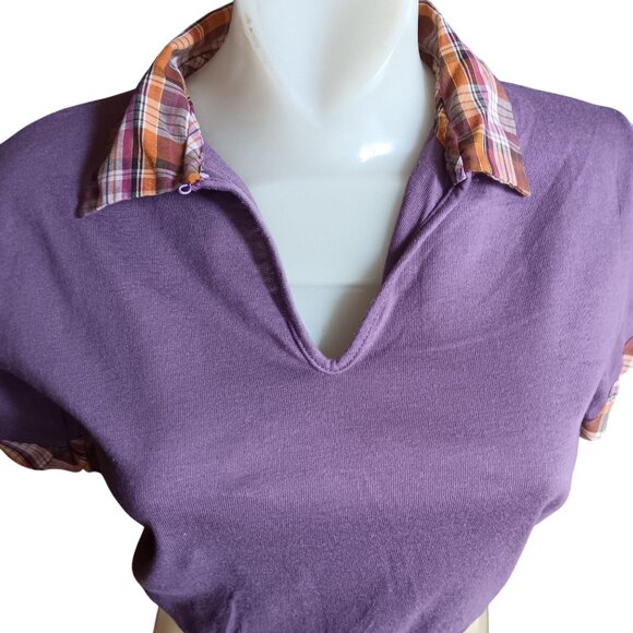 Small True Vintage Top Disco Purple Plaid Collar Cuffs 1970's Buttery Thin Crop - Picture 1 of 7